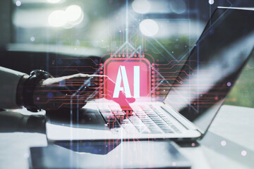 Poster - Creative artificial Intelligence symbol concept with hands typing on computer keyboard on background. Double exposure