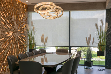 Leinwandbilder - Roller blinds in the interior. Automatic solar shades large size on the window. Modern interior with wood decor panel on the wall. Green plants in hi-tech flower pots. Electric curtains for home.