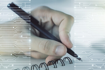 Aufkleber - Creative abstract micro chip hologram and man hand writing in diary on background, artificial intelligence and machine learning concept. Multi exposure