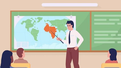 Poster - Animated study world illustration. Geography educator with students. High school. Looped flat color 2D cartoon characters animation video in HD with school interior on transparent background