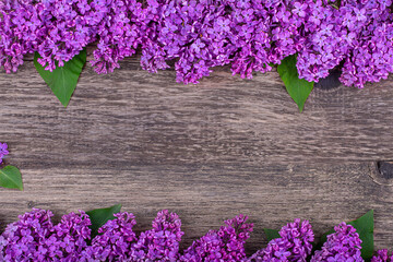 Wall Mural - Frame of purple lilac flowers on an old wooden background, copy space