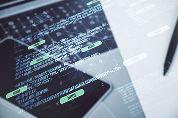 Aufkleber - Multi exposure of abstract programming language hologram on computer background, artificial intelligence and machine learning concept