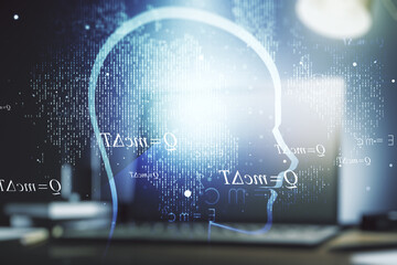 Poster - Creative artificial Intelligence concept with human head hologram on modern laptop background. Multiexposure