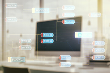 Poster - Multi exposure of abstract software development hologram on laptop background, research and analytics concept