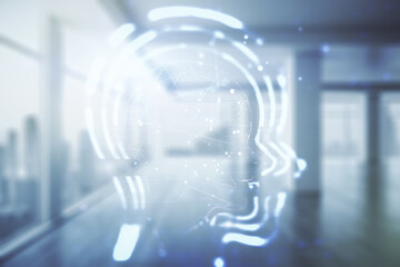 Aufkleber - Abstract virtual artificial Intelligence interface with human head hologram on empty corporate office background. Multiexposure