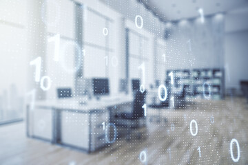 Aufkleber - Double exposure of abstract virtual binary code hologram on modern corporate office background. Database and programming concept