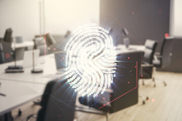 Poster - Multi exposure of virtual abstract fingerprint illustration on a modern furnished office background, digital access concept