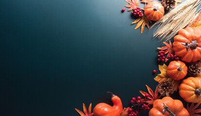 Wall Mural - thanksgiving and autumn decoration concept made from autumn leaves and pumpkin on dark background. f