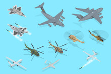 Isometric Military Aviation Air Force Set Collection. Modern Military Jet For Heavy Cargo. Transport Helicopter. Military Airplane At Flying. Military Air Transport.