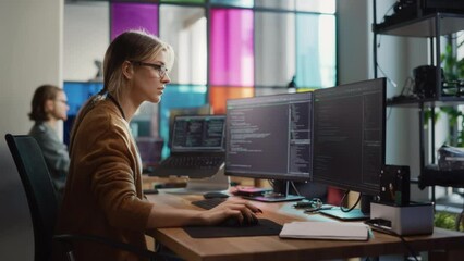 Fototapete - Caucasian Woman Coding on Desktop PC and Laptop Setup With Multiple Displays in Spacious Office. Female Junior Software Engineer Working on New Sprint of Mobile Application Development For Start-up.