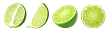 Fresh Lime Slice, And Half Isolated On White Background, Collection, Cut Out.