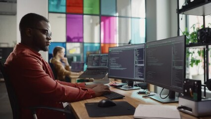 Poster - African American Man Writing Code on Desktop Computer With Multiple Monitors Set Up and a Laptop in Creative Office. Professional Data Scientist Using Software to Analyze Information From Internet.