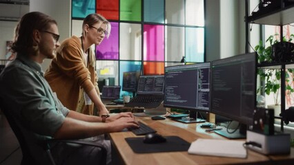 Poster - Female Senior Software Engineer Gives Advice to Male Junior Developer, Pointing at Desktop Computer Display With Code. Caucasian Woman Offers New Features, Helps Fixing Bugs in Modern SaaS Platform.