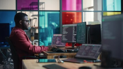 Poster - African American Man Writing Lines Of Code On Desktop Computer With Multiple Monitors and Laptop in Creative Office. Male Data Scientist Working on Innovative Online Service For Start-up Company.