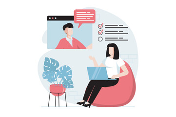 Wall Mural - Employee hiring process concept with people scene in flat design. HR manager conducts online interview and working skills test with job seeker. Vector illustration with character situation for web