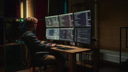 Poster - Young Cyber Security Expert Writing Code on Desktop PC With Professional Six Monitors Setup in the Dark Office. Smart Caucasian Man Monitors Digital Protection System For an Intelligence IT Department