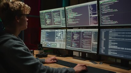 Poster - Young Caucasian Man Writing Code on Professional Six Monitors Setup in Dark Office. Male Cyber Security Expert Controlling Digital Data Protection System in International Intelligence Agency. Zoom Out