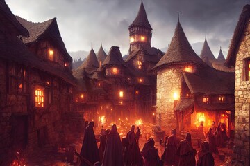 Wall Mural - An illustration of the small medieval fantasy village. Medieval Fantasy