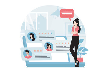 Fototapete - Feedback page concept with people scene in flat design. Woman reading user online reviews with high ratings for service or product using laptop. Vector illustration with character situation for web