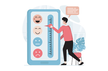 Poster - Feedback page concept with people scene in flat design. Man shares his user experience and leaves rating using different levels of emoticons. Vector illustration with character situation for web