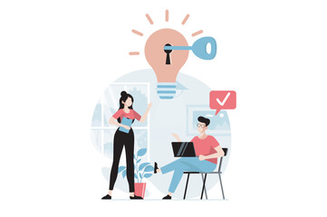 Fototapete - Finding solution concept with people scene in flat design. Woman and man discuss, brainstorm and generate new ideas with project innovations. Vector illustration with character situation for web