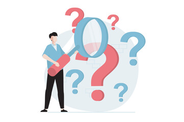 Wall Mural - Finding solution concept with people scene in flat design. Man with magnifier looking questions and finds answers, imagination and inspiration. Vector illustration with character situation for web