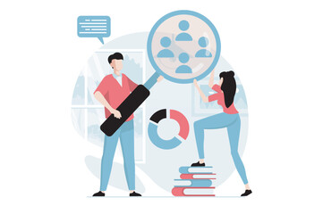 Poster - Focus group concept with people scene in flat design. Man with magnifier and woman do marketing research and audience behavior, analyze data. Vector illustration with character situation for web