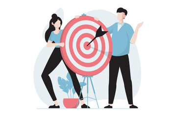 Aufkleber - Focus group concept with people scene in flat design. Woman and man conduct marketing research, analyze buyers and create successful targeting. Vector illustration with character situation for web