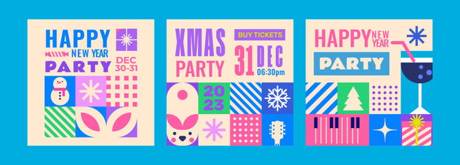 3 trendy winter festival or party templates. Set of backgrounds, greeting cards, posters, holiday covers with New Year's icons in mosaic style.t