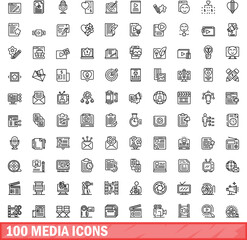 Poster - 100 media icons set. Outline illustration of 100 media icons vector set isolated on white background