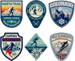 Skiing vintage badge label patch vector collection of skier silhouette and snowflakes