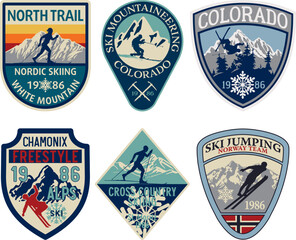 skiing vintage badge label patch vector collection of skier silhouette and snowflakes