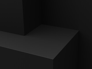 Empty minimal black platform podium or pedestal for product presentation. Empty stand showcase. Blank template for advertise. Abstract black background. 3d rendering.