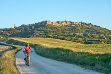 Nice Senior Woman Riding Her Electric Mountain Bike Between Olive Trees In The Ghianti Area With Medieval City Of Montepulciano In Background, Tuscany , Italy
