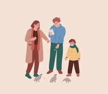 Family Feeding The Birds. Woman, Man, Boy Feeding Pigeons With Crumbs, Corns, Chips. Activity Outdoors. Happy Characters Spending Time Together. Flat Vector Illustration.