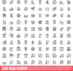 Poster - 100 sea icons set. outline illustration of 100 sea icons vector set isolated on white background
