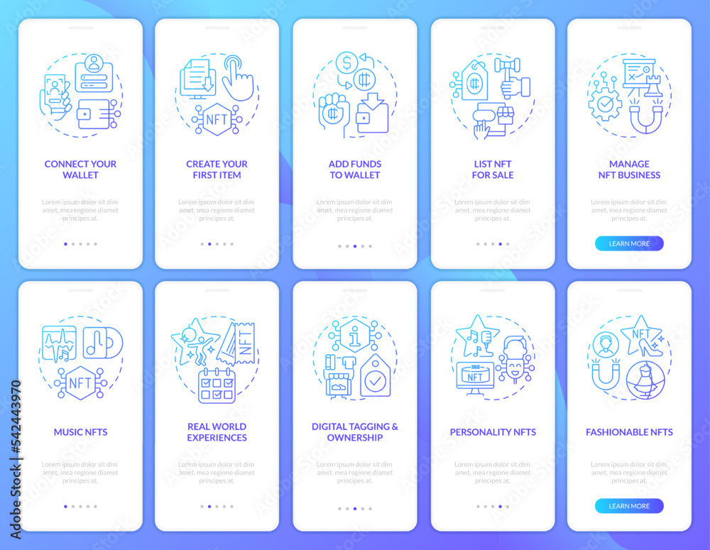 Vector de Stock NFTs minting and trends blue gradient onboarding mobile ...