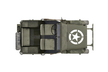 Poster - Top view 3D illustration of a vintage green military jeep isolated on transparent background.