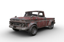 3D Rendering Ofl An Old Rusty Vintage Red Pickup Truck Isolated On Transparent Background.