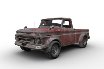 Poster - 3D rendering ofl an old rusty vintage red pickup truck isolated on transparent background.