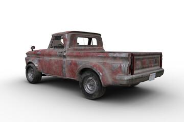 Poster - Rear corner view 3D rendering ofl a rusty old vintage red pickup truck isolated on transparent background.