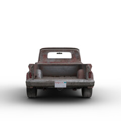 Poster - Rear view 3D rendering ofl an old rusty vintage red pickup truck isolated on transparent background.