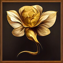 Digital Illustration Of A Metallic Golden Flower Painting On A Black Background With A Wooden Frame