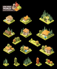 Vector Isometric World Map Creation Set. Combinable Map Elements. Small Town Or Village Buildings And Houses, House Construction Site, Trees, Forest With Tourists On Picnic