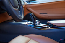 Detail Of The New Modern Car Interior, Gear Shift In New Luxurious Car
