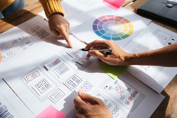 ux Graphic designer creative sketch planning application process development prototype wireframe for web mobile phone . User experience concept.