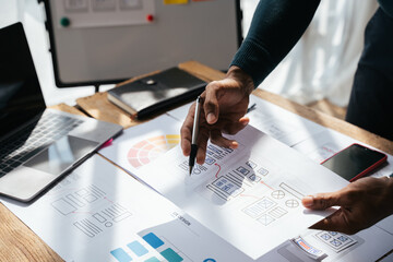 ux Graphic designer creative sketch planning application process development prototype wireframe for web mobile phone . User experience concept.