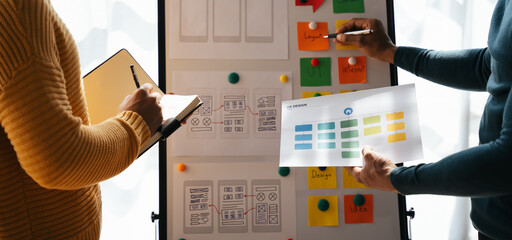 ux Graphic designer creative sketch planning application process development prototype wireframe for web mobile phone . User experience concept.