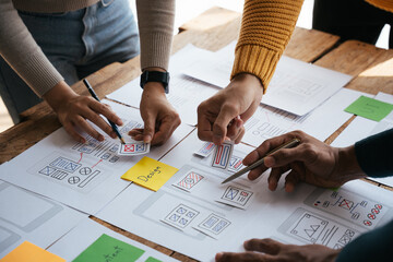 ux Graphic designer creative sketch planning application process development prototype wireframe for web mobile phone . User experience concept.