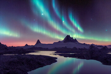 Wall Mural - aurora borealis on the norway. green northern lights above mountains. night sky with polar lights. n